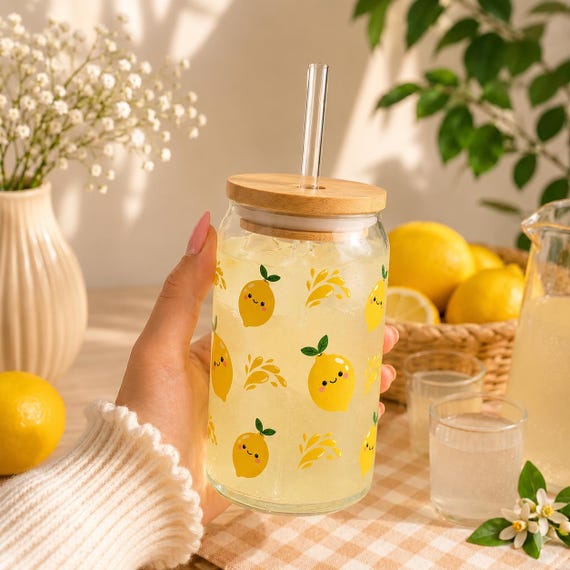 Zitronenglasschale, Eiskaffeeglas, Zitronen-Liebhaber-Geschenk, Bierdosenglas, niedliches Zitrus-Trinkgeschirr, Sommergeschenk, Zitrus-Liebhaber-Geschenk, Geschenk für sie