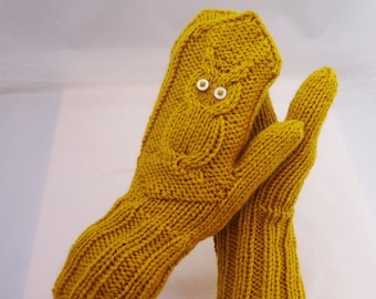 Knit Owl Mittens, Cable Mittens, Women Owl Mittens, Mittens in Yellow