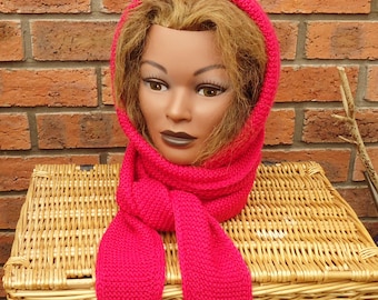 Handknit Red Wool Hood Scarf: Women's Winter Neck Warmer