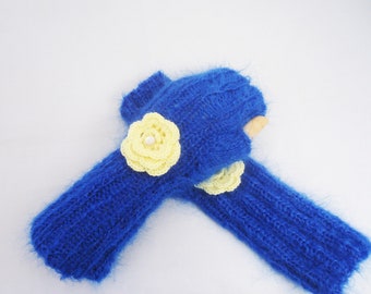 Mohair Mittens, Royal Blue Mohair Gloves, Fingerless Mittens with Crochet Flower