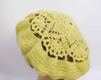 Crochet Yellow Women Beret, Lace Beret, UK Seller