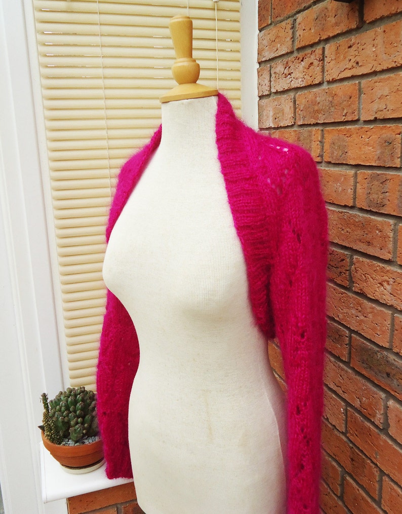 Shrug in Hot Pink Lace Mohair Bolero Women Handknited Mohair Bolero Knitted Bolero