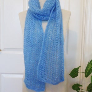 Blue Mohair Scarf, Long Mohair Scarf, Lace Mohair Scarf in Blue