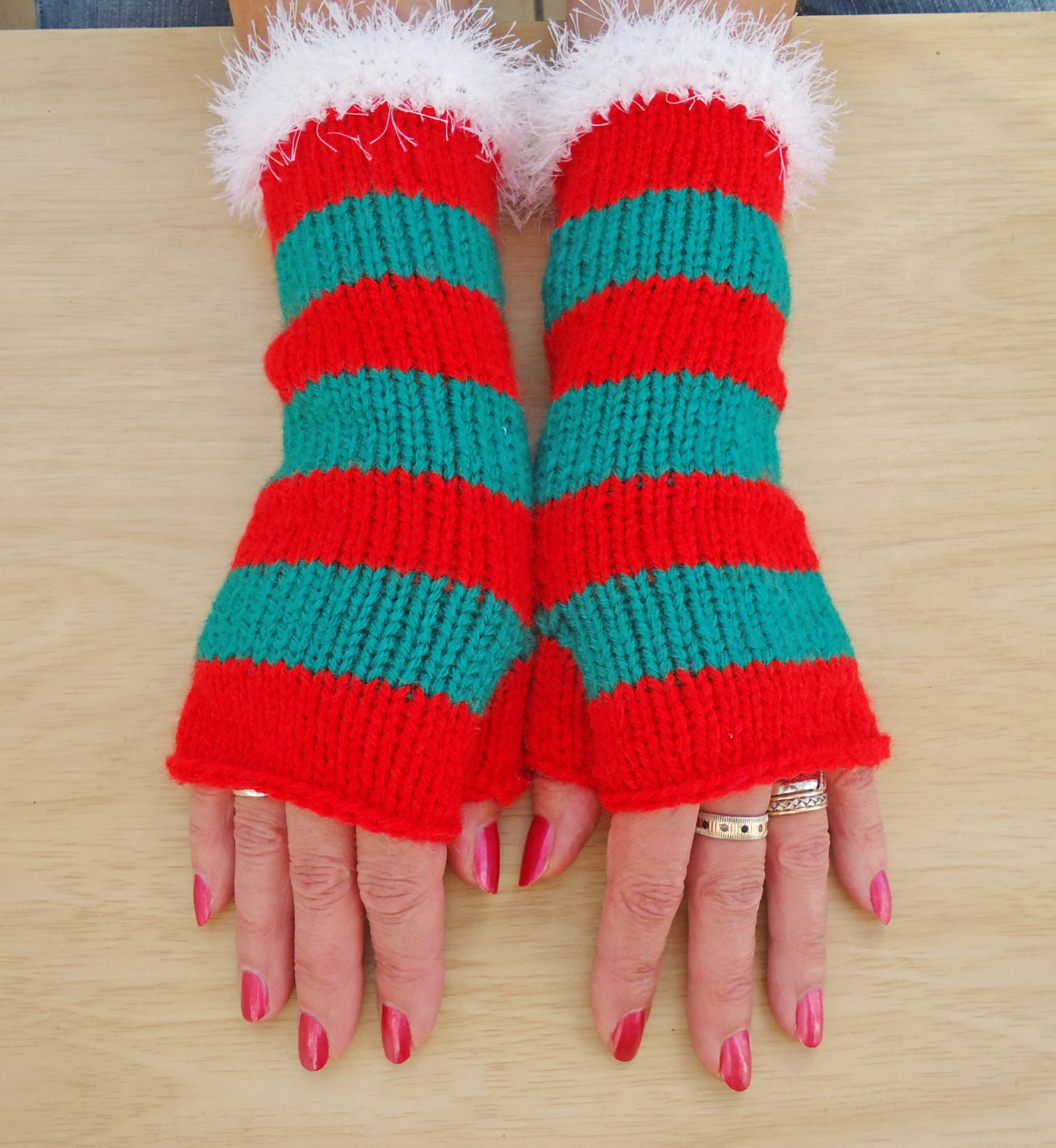 Women Fingerless Mittens, Stripe Mittens, Christmas Mittens, Mittens in