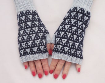 Hand Knitted Fair Isle Gloves, Jacquart Fingerless Mittens, Mittens for Women