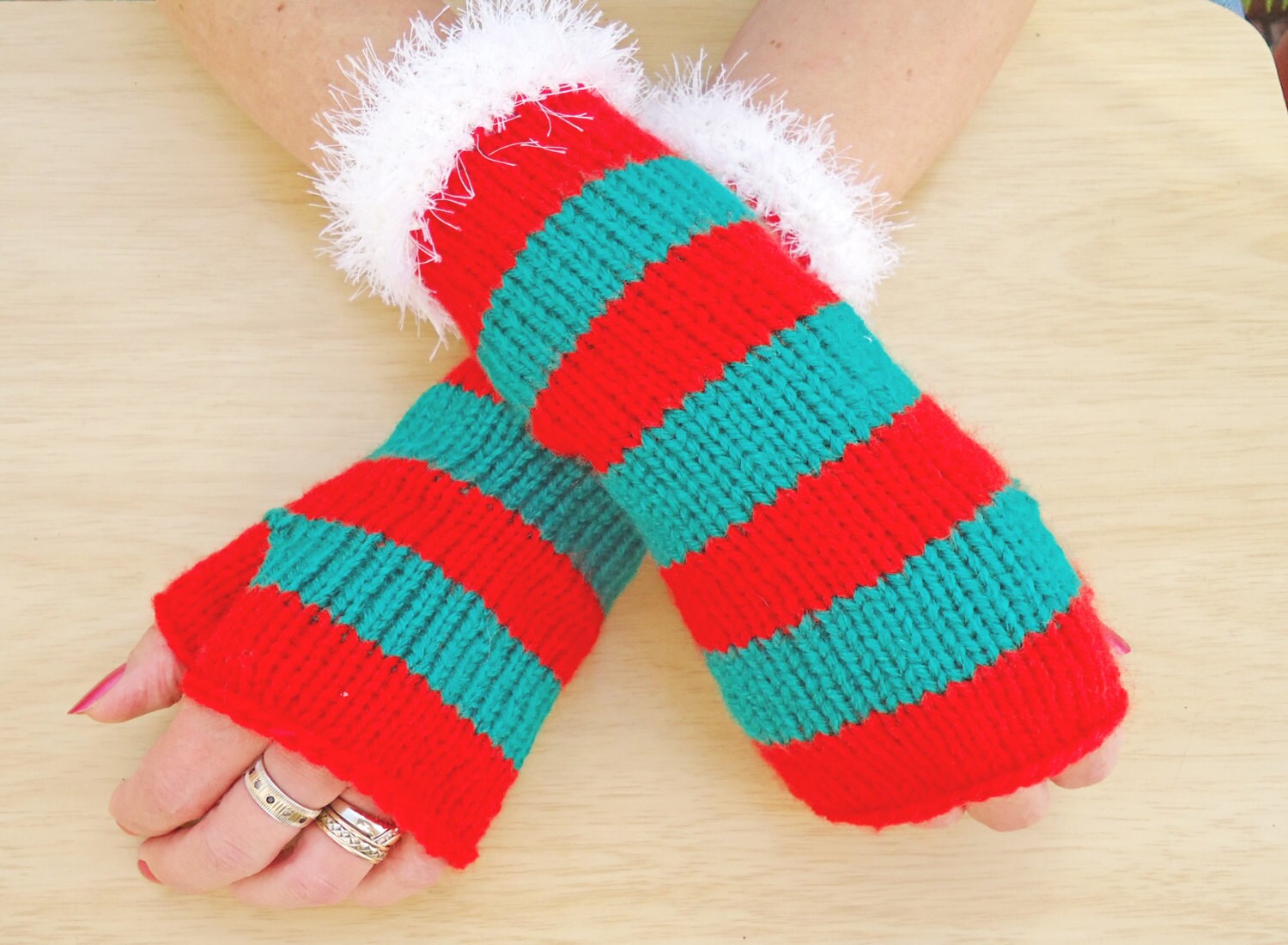 Women Fingerless Mittens, Stripe Mittens, Christmas Mittens, Mittens in