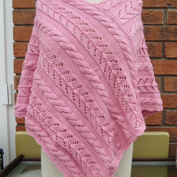 Handknitted Women Poncho, Poncho in Pink, Wool Poncho, Cable Patterns Poncho, UK Seller