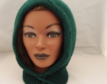 Green Merino Wool Knitted Hood, Warm Women Wool hood Helmet, Winter Cowl Hood, Neck Warmer