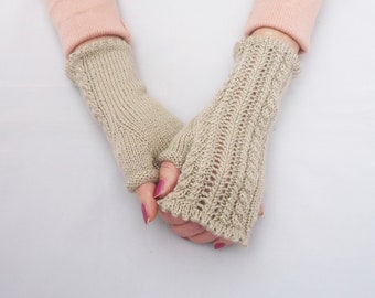 Fingerless knit Mittens, Flirty and Ultra-feminine Mitts, Cables and Lace Fingerless Mittens, Beige Lace Fingerless Mittens