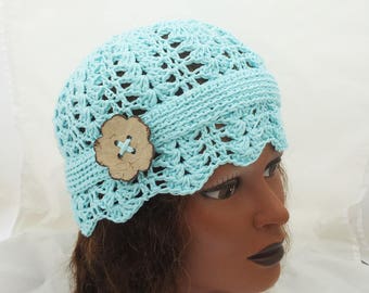 Lace Crochet Ladies Hat, Lace Hat in Blue, Crochet Woman Hat, Vintage Style Crochet Hat, Hat with Button, Crochet Summer Hat