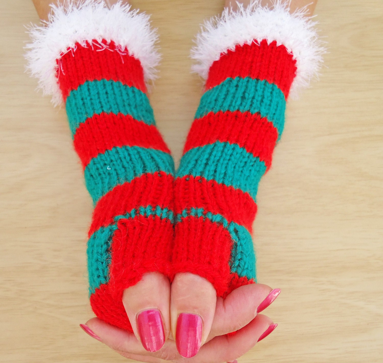 Women Fingerless Mittens, Stripe Mittens, Christmas Mittens, Mittens in