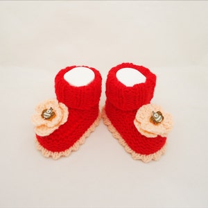 Baby Booties, Cute Baby Booties in Red, Red Baby Booties with Flowers, Handknitted Baby Booties