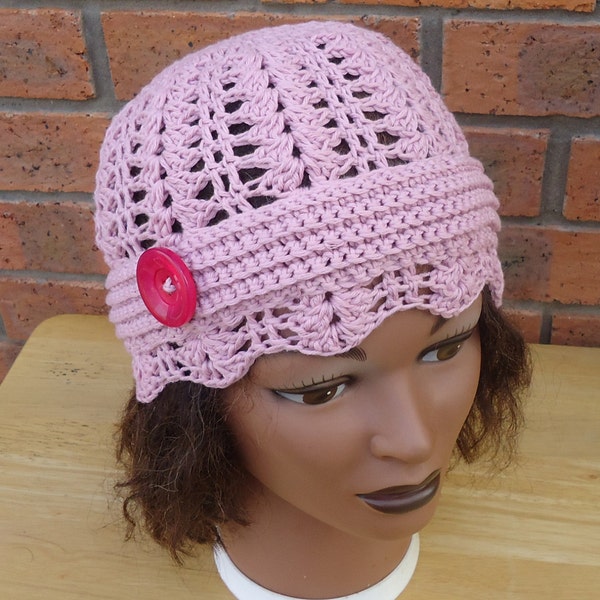 Lace Crochet Ladies Hat, Lace Hat in Dusty Pink, Crochet Woman Hat, Vintage Style Crochet Hat, Hat with Button