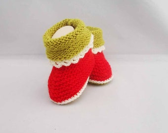 Baby Booties, Cute Baby Booties, Wool and Acrylic Baby Booties, 0-6 months, Red and Olive Green Booties