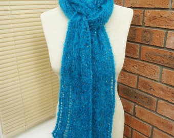 Knitted Extra Long Scarf, Cable Extra Long Scarf, Long Scarf in Aqua Blue, Mohair Long Scarf