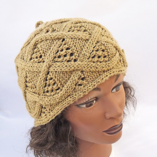 Handknitted Women Hat, Hat with Buttons, Cable Patern, Beige Hat, UK Seller