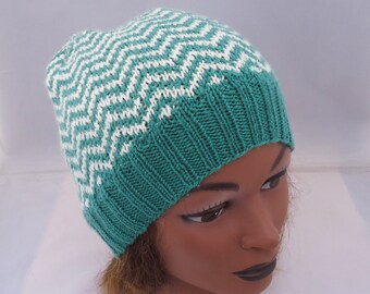 Women's Zig Zag Hat, Hand Knit Zig Zag Hat, White and Mint Winter Hat