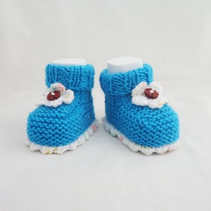 Handknitted Baby Booties, Cute Baby Booties, Baby Booties, Aqua Blue and White Booties, Booties and Flower