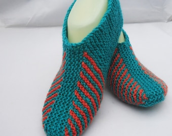 Hand Knit Slippers for Women, Home Socks, Indoor Slippers in Aqua and Orange