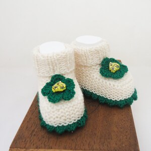 Handknitted Baby Booties, Cute Baby Booties, White and Green Baby Booties, UK Seller