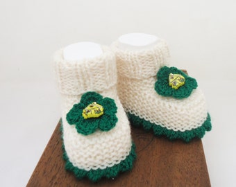 Handknitted Baby Booties, Cute Baby Booties, White and Green Baby Booties, UK Seller