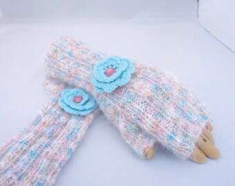 Mohair Fingerless Mittens, Mittens with Flower, Multicolour Gloves, Fingerless Gloves