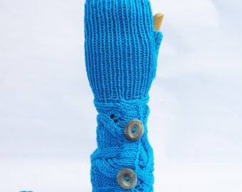 Hand knitted Fingerless Mittens, Cable Mittens, Mittens with Buttons, Long Fingerless Mittens, UK Seller