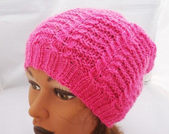 Hand Knit Women's Hat, Women's Slouchy Hat, Women's Hat in Pink, Cable Hat