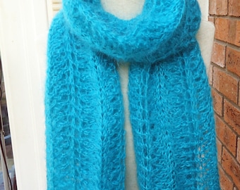 Large Mohair Shawl, Large Hand Knit Mohair Wrap, Hand Knit Mohair Stole, Lace Mohair Large Scarf, Aqua Blue Mohair Scarf