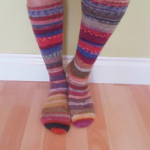 Odd Women Socks, Hand Knit Long Socks, Crazy Srappy Women Socks, Multicolored Socks