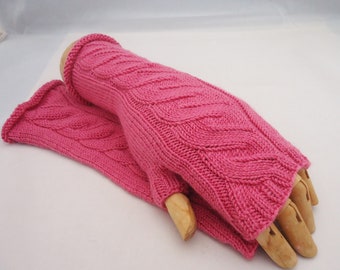 Fingerless Mittens for Women, Pink Cable Wrist Warmer, Merino Wool Mittens