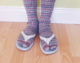 Tabi Wool Socks, Grey and Pale Purple Japanese Socks, Striped Flip Flops Socks, Split Toe Wool Socks