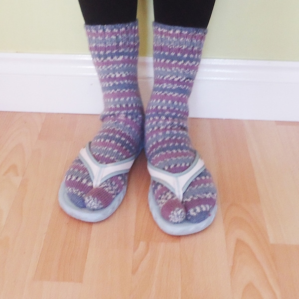 Tabi Wool Socks, Grey and Pale Purple Japanese Socks, Striped Flip Flops Socks, Split Toe Wool Socks