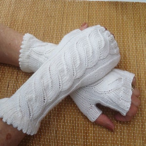 Fingerless Mittens for Women, White Cable Wrist Warmer, Merino Wool Mittens