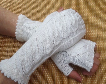 Fingerless Mittens for Women, White Cable Wrist Warmer, Merino Wool Mittens