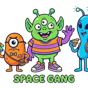 Op de afbeelding: Een cartoonillustratie van drie buitenaardse personages met het label SPACE GANG. Een oranje eenogig wezen houdt een straalpistool vast, een groen drieogig wezen draagt een gestreept shirt en een blauwe alien houdt een stuk pizza en een rugzak vast.