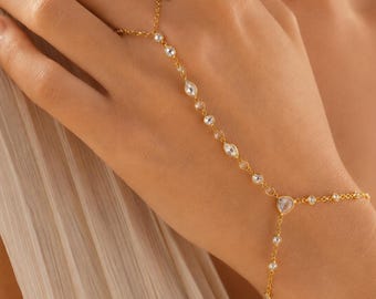 Pulsera de mano con cadena de cristal en oro y plata, delicada pulsera esclava, joyería de mano con diamantes de imitación, regalo de joyería nupcial para la playa para ella.
