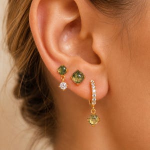 Green Stone Ear Stack Set, 3-Piece Copper Earrings, Sterling Silver Posts, Gold or Silver Tone