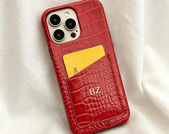 Benutzerdefinierte Monogramm Leder iPhone Hülle, glänzende Business Phone Case, Kartenhalter Phone Case, personalisierte Anfangsschutzhülle