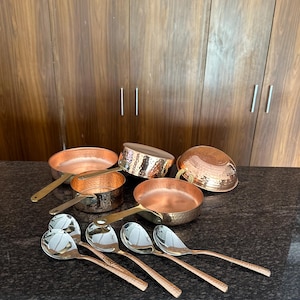 Hand Hammered Pure Copper Cookware Set with Serving Spoon | Fry Pan, Sauce Pan, Kadai