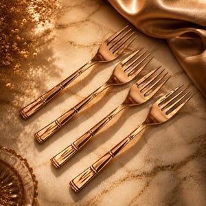 May include: A set of four polished rose gold-toned metal forks arranged diagonally. Each fork features a slender handle with a distinct bamboo-inspired segmented design, four tines, and a smooth, reflective metallic finish throughout the entire piece.