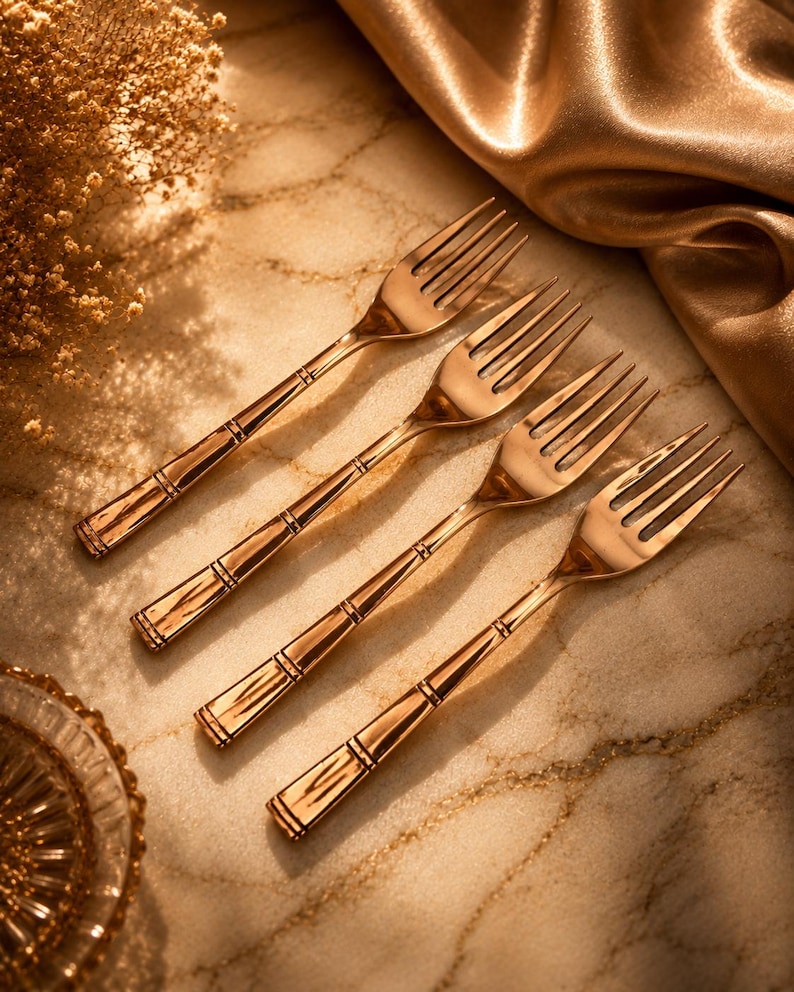 May include: A set of four polished rose gold-toned metal forks arranged diagonally. Each fork features a slender handle with a distinct bamboo-inspired segmented design, four tines, and a smooth, reflective metallic finish throughout the entire piece.