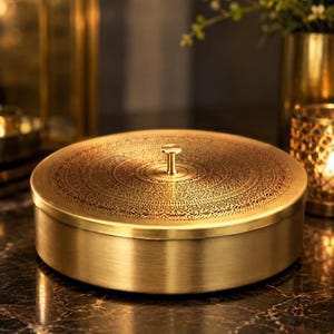 Op de afbeelding: Een ronde opbergdoos van geborsteld messing met een plat deksel voorzien van een ingewikkeld, lasergesneden filigraanpatroon en een kleine, centrale knopgreep. De doos heeft een gladde zijwand en een volledig gouden afwerking.