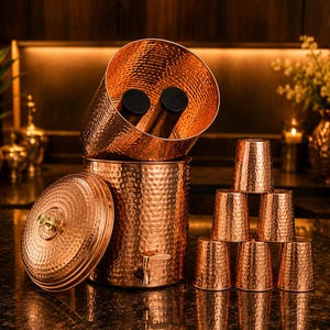 Puede incluir: Un dispensador de agua de cobre martillado con tapa a juego y un pequeño grifo, acompañado de seis vasos de cobre martillado a juego dispuestos en pirámide. El dispensador tiene una abertura ancha en la parte superior y un acabado metálico.