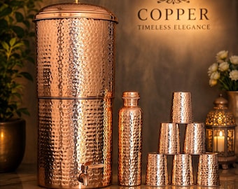 Hammered Copper Water Filter Tank Dispenser Set, 15L/20L Indian Handmade Vessel