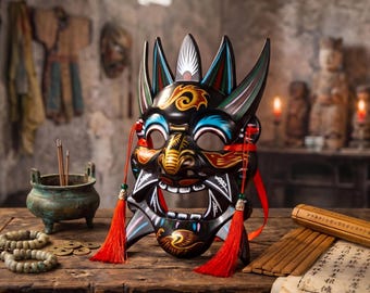 Máscara de ópera Nuo pintada a mano, máscara ritual de arte popular chino tradicional para decoración de pared, auténtica máscara asiática coleccionable con cuernos y borlas.