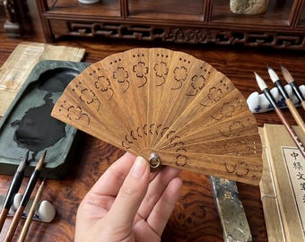 Handcrafted Wooden Folding Fan with Openwork Carving. Vintage Mini Hand Fan for Summer. Elegant Desk Decor & Unique Cultural Gift.