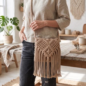 May include: A beige macrame crossbody bag featuring a diamond-patterned knot design on the front flap and long, dangling fringe tassels. The bag includes a thick, braided rope shoulder strap and is labeled with the text Oatmeal Threadwork.