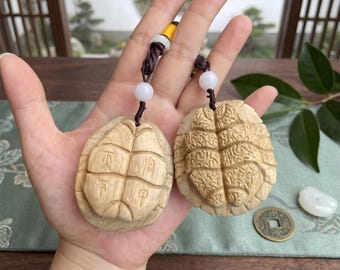 Hand Carved Wooden Turtle Shell Pendant, Natural Boxwood Tortoise Amulet Necklace, Lucky Longevity Charm, Asian Style Pocket Token Gift