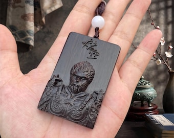 Hand Carved Ebony Wood Monkey King Pendant, Sun Wukong Necklace, Jade Beaded Cord, Mythological Warrior Amulet, Asian Zodiac Talisman Gift